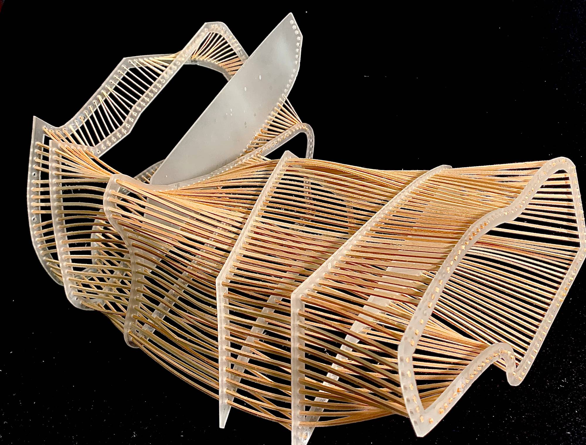 The model lying on its side, showing the ribs and the fan of sticks between them